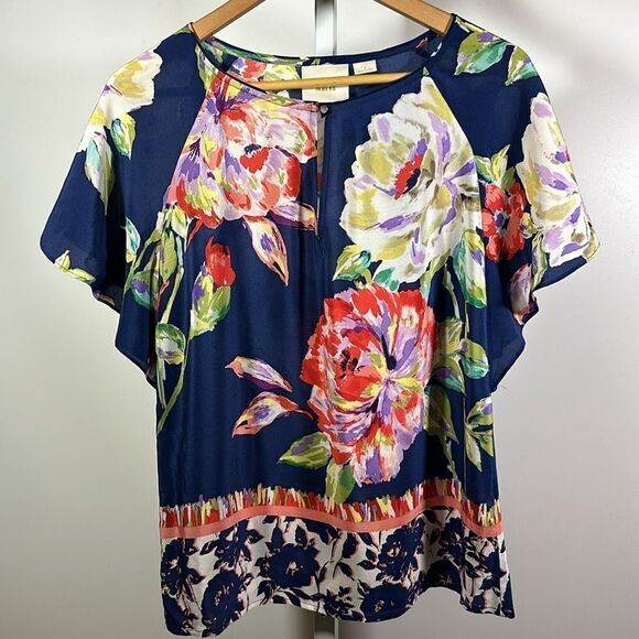 MAEVE ANTHROPOLOGIE Women's Gardenia Floral Silk Blouse Blue Size 4 - Picture 3 of 11
